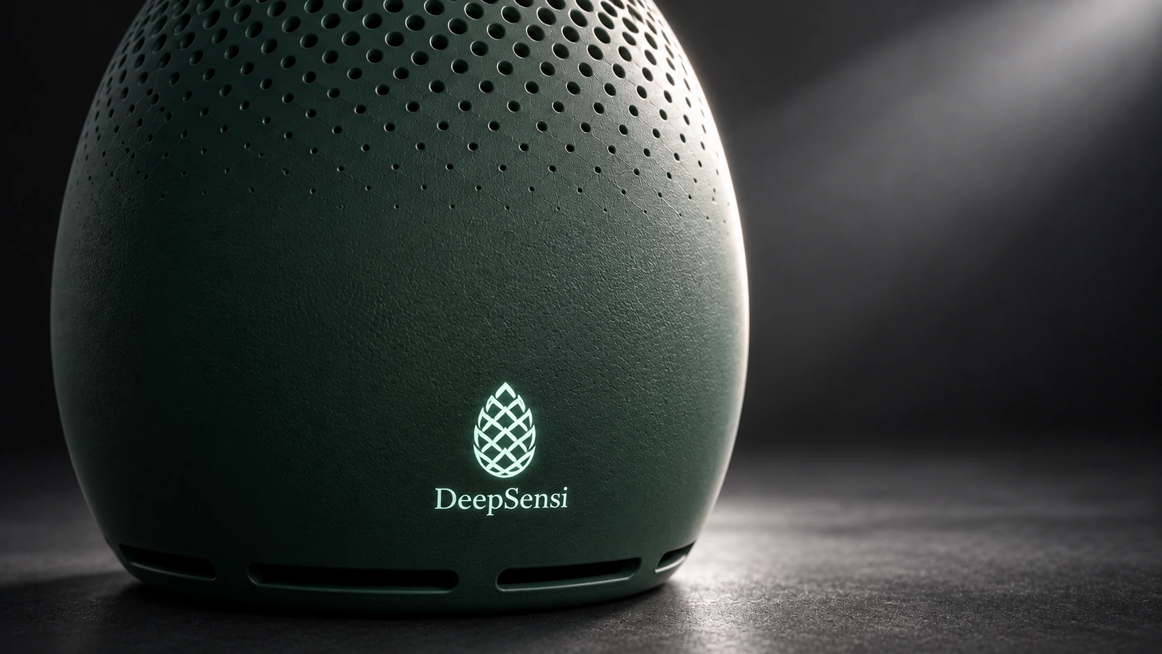 DeepSensi illuminated mint pinecone emblem and serif wordmark on Forest Green finish.