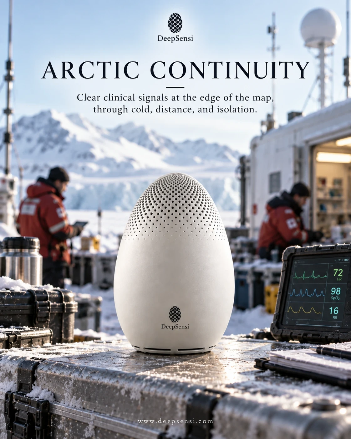 Poster: Arctic Continuity. A white DeepSensi Edge Node on a frosted case at an Arctic station; two crew members in red jackets and a rugged vital-signs monitor behind it.