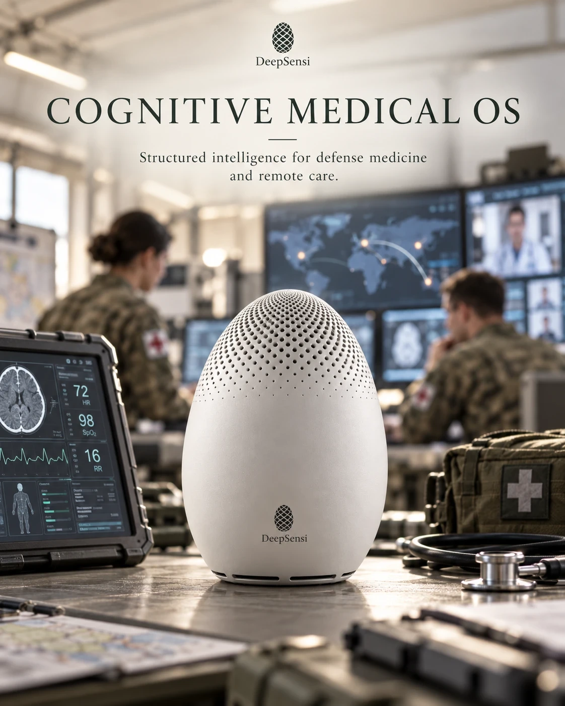 Poster: Cognitive Medical OS. A white DeepSensi Edge Node on a desk in a military medical operations room; medics work at screens behind it.