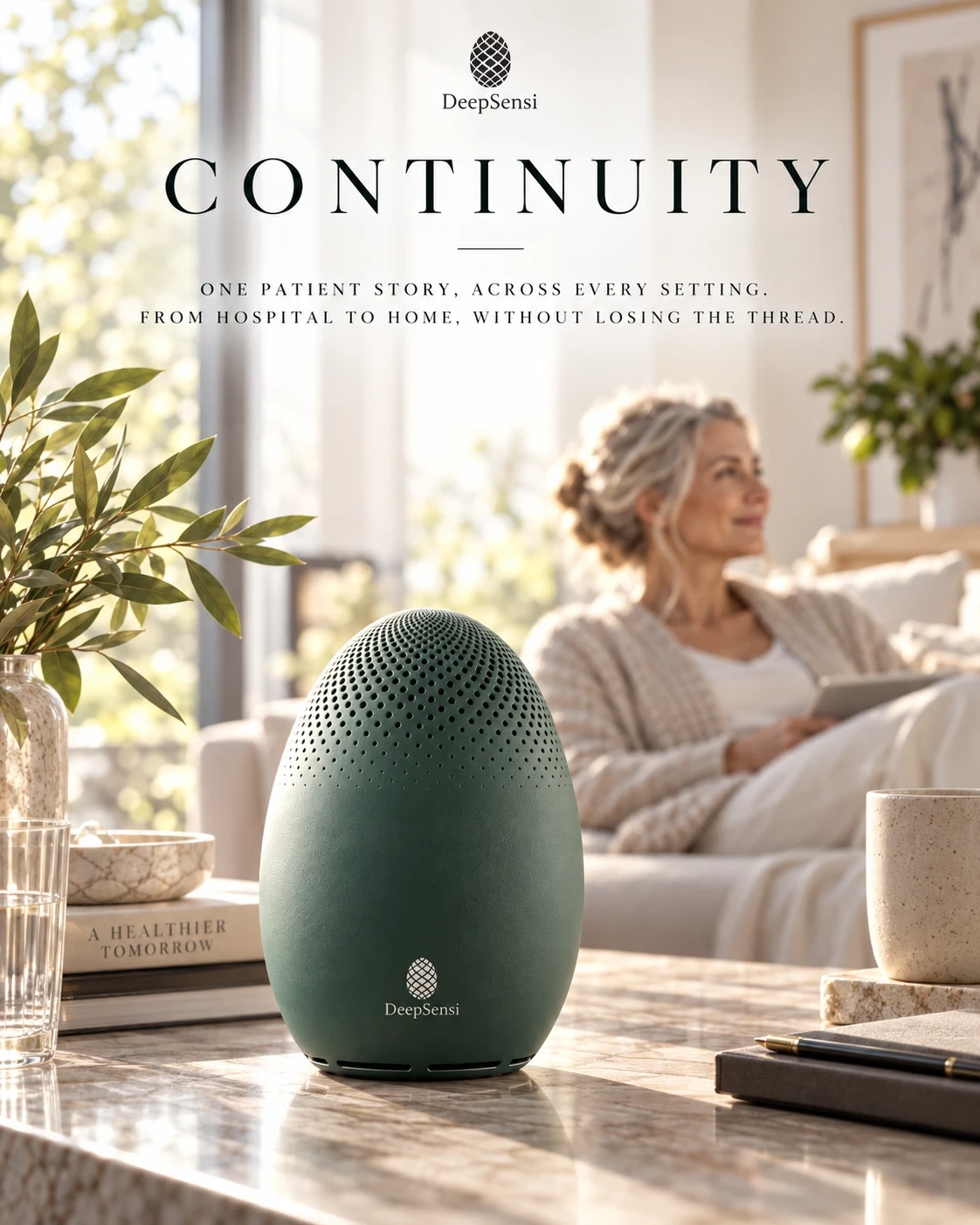 Poster: Continuity. A Pine Green DeepSensi Edge Node on a table at home; a woman rests on the sofa behind it.