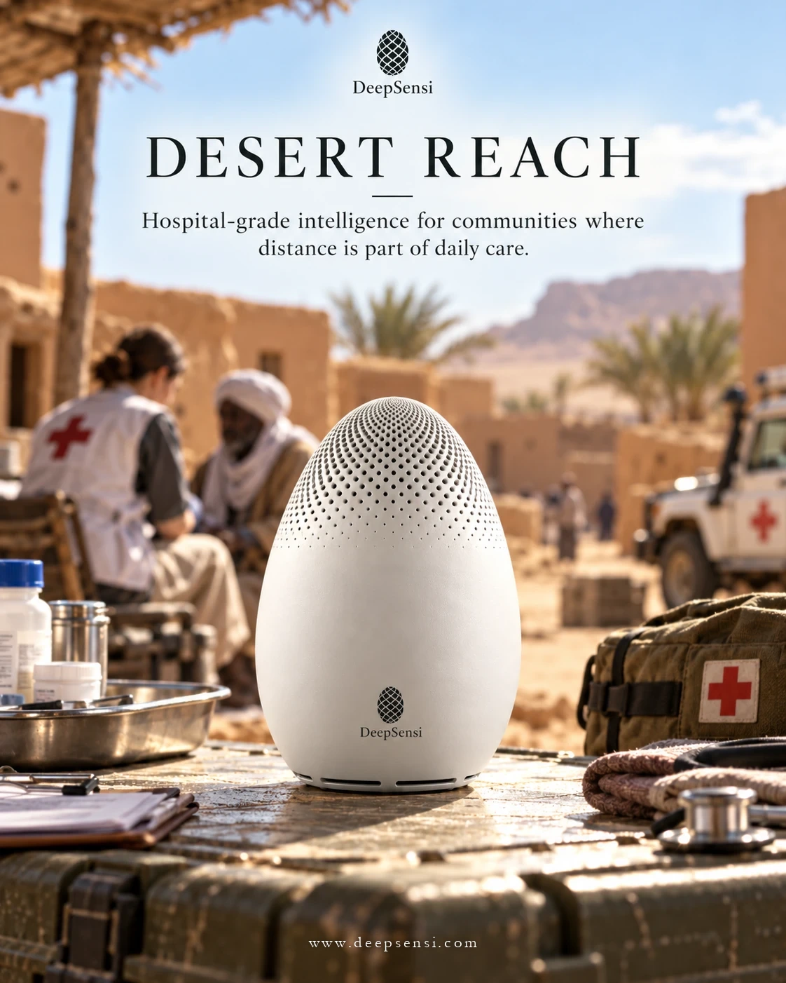 Poster: Desert Reach. A white DeepSensi Edge Node on a case in a desert village; a medic in a red-cross vest talks with an elderly man behind it.