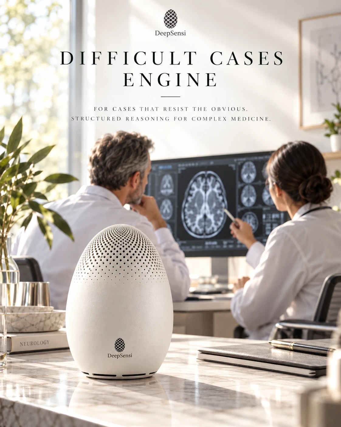 Poster: Difficult Cases Engine. A white DeepSensi Edge Node on a clinic desk while two physicians review brain MRI scans.