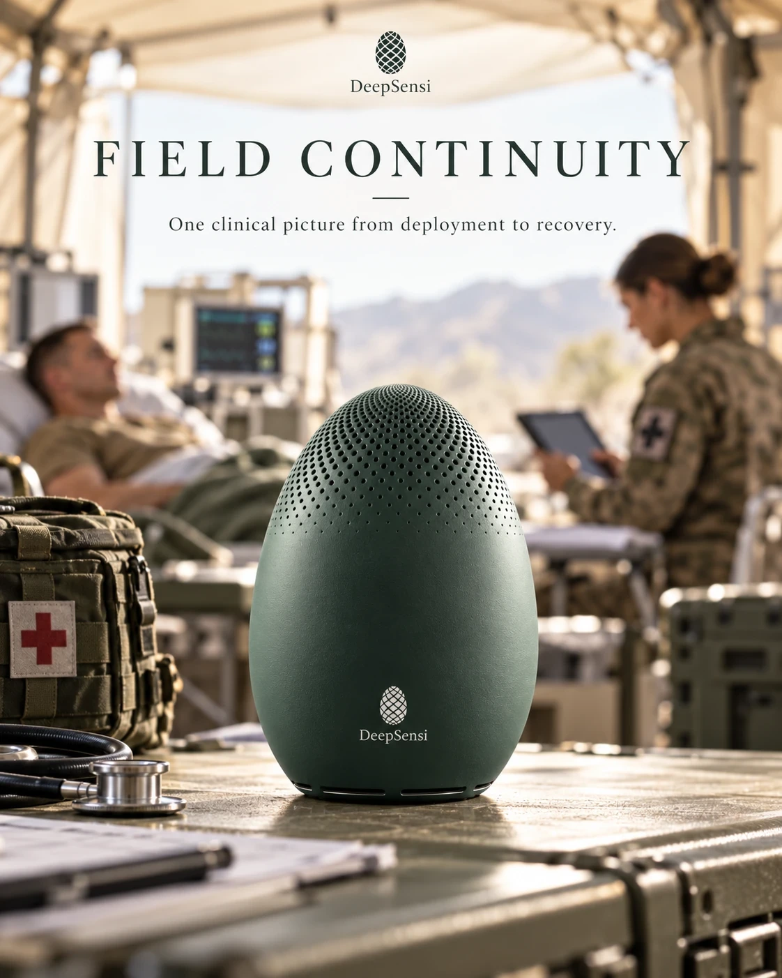 Poster: Field Continuity. A Pine Green DeepSensi Edge Node on an equipment case in a field hospital tent; a military medic with a tablet beside a patient.