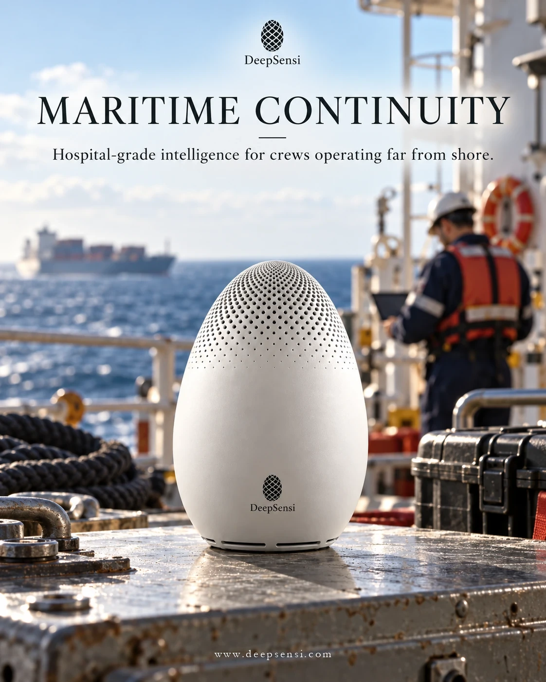 Poster: Maritime Continuity. A white DeepSensi Edge Node on a steel case on a ship's deck at sea; a crew member in a life vest works with a tablet behind it.