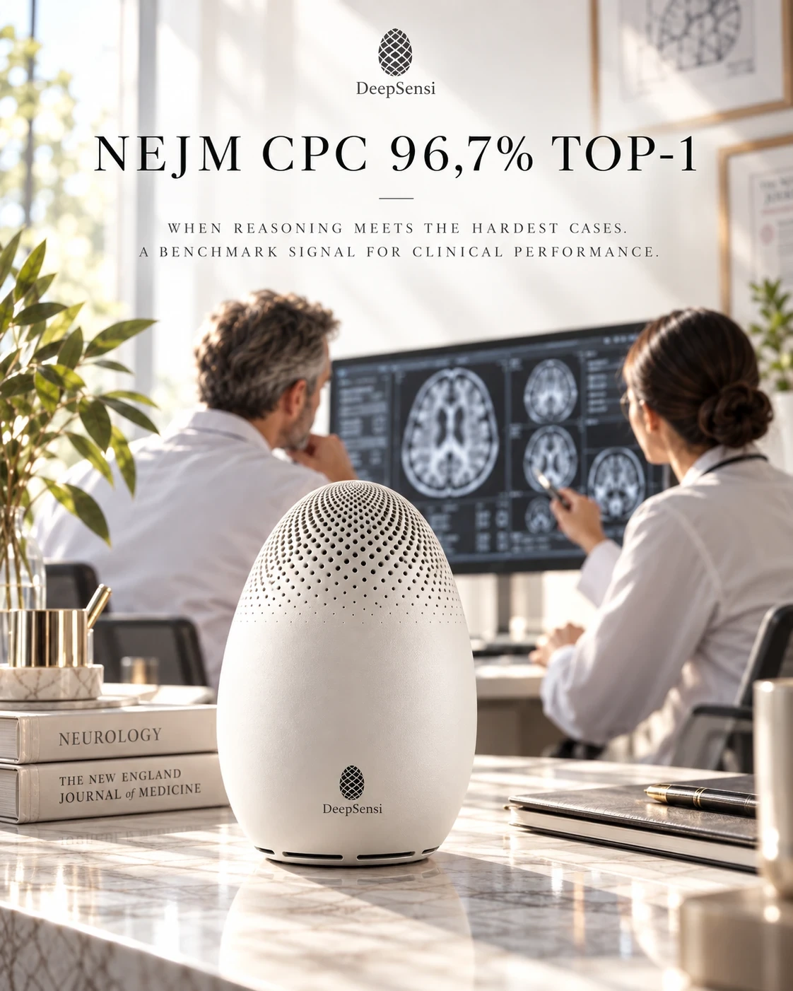 Poster: NEJM CPC 96.7% Top-1. A white DeepSensi Edge Node on a clinic desk while two physicians review brain MRI scans.