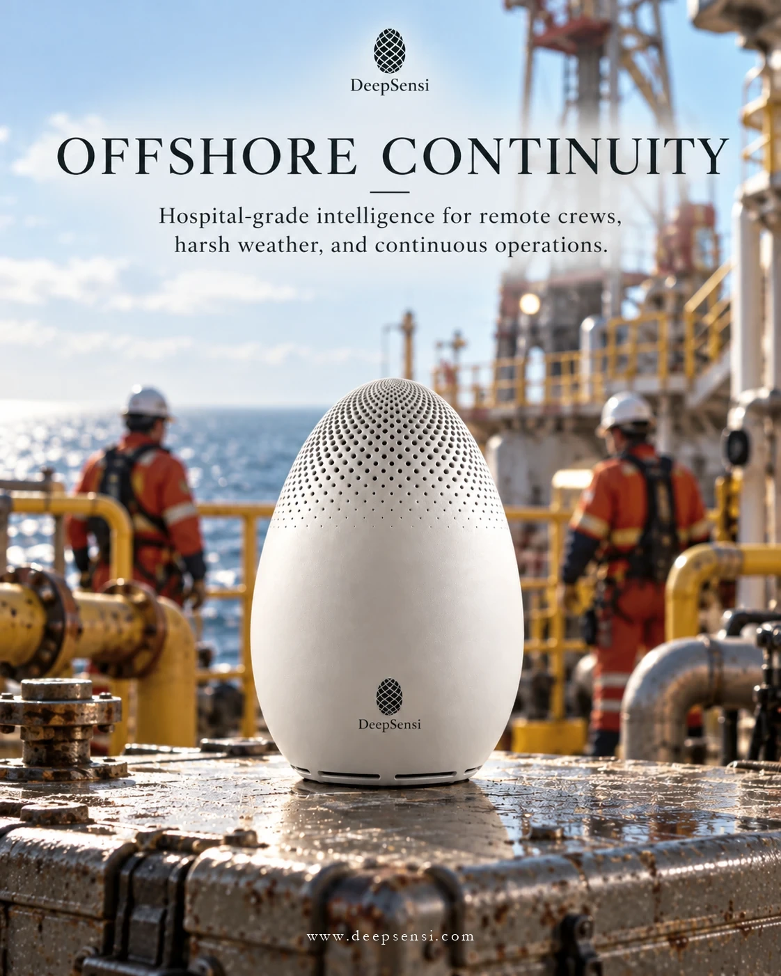 Poster: Offshore Continuity. A white DeepSensi Edge Node on a weathered case on an offshore platform; two workers in orange coveralls behind it.