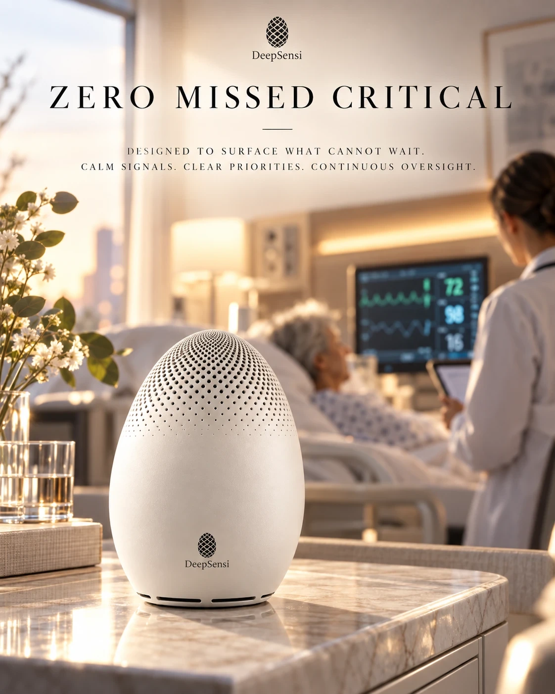 Poster: Zero Missed Critical. A white DeepSensi Edge Node on a bedside table in a hospital room, a physician beside the patient.