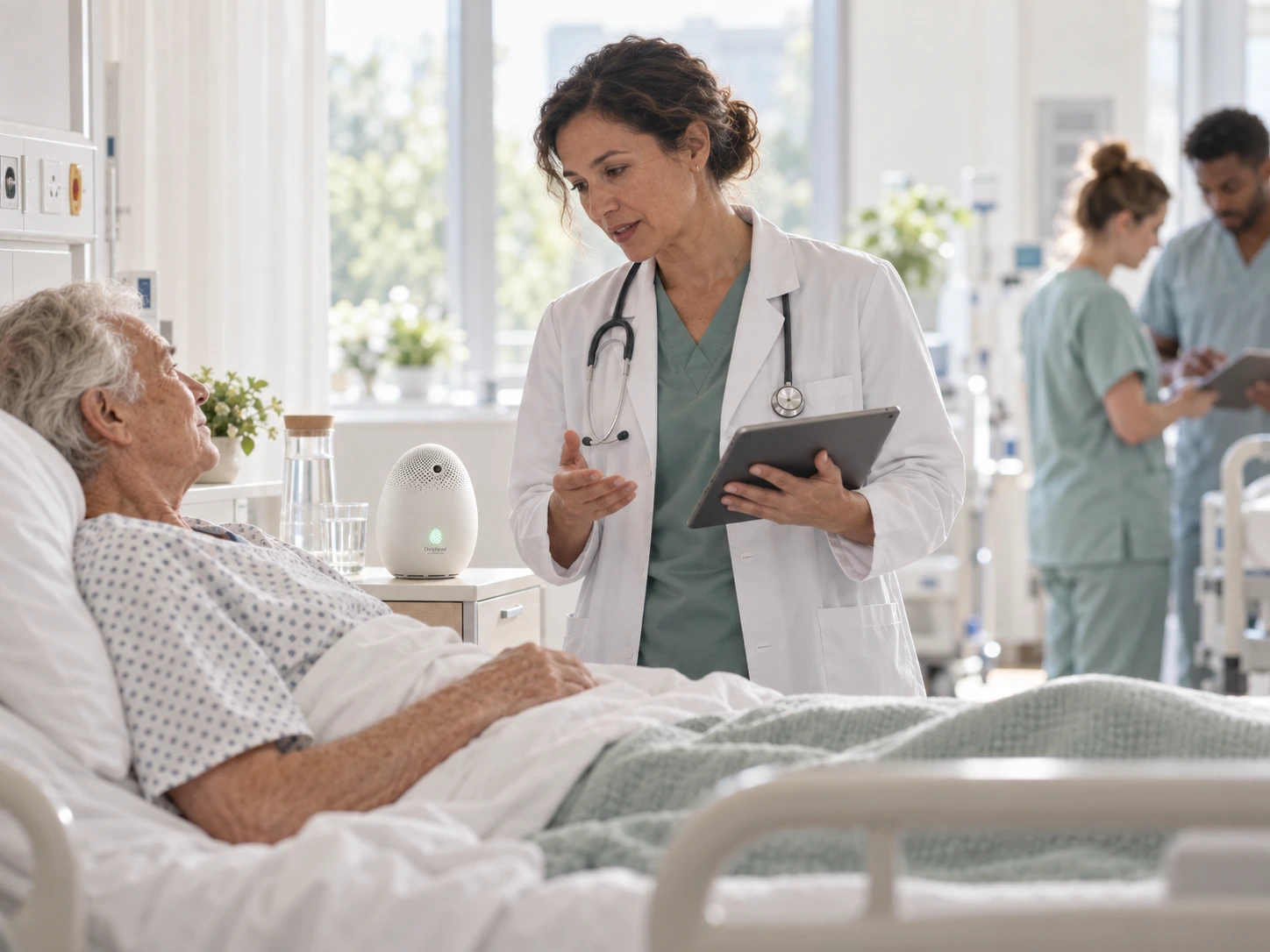 A physician stands at a patient's bedside on a bright hospital ward, tablet in hand, explaining something calmly; the ward team works in soft focus behind. Documentary, daylight, unposed.…