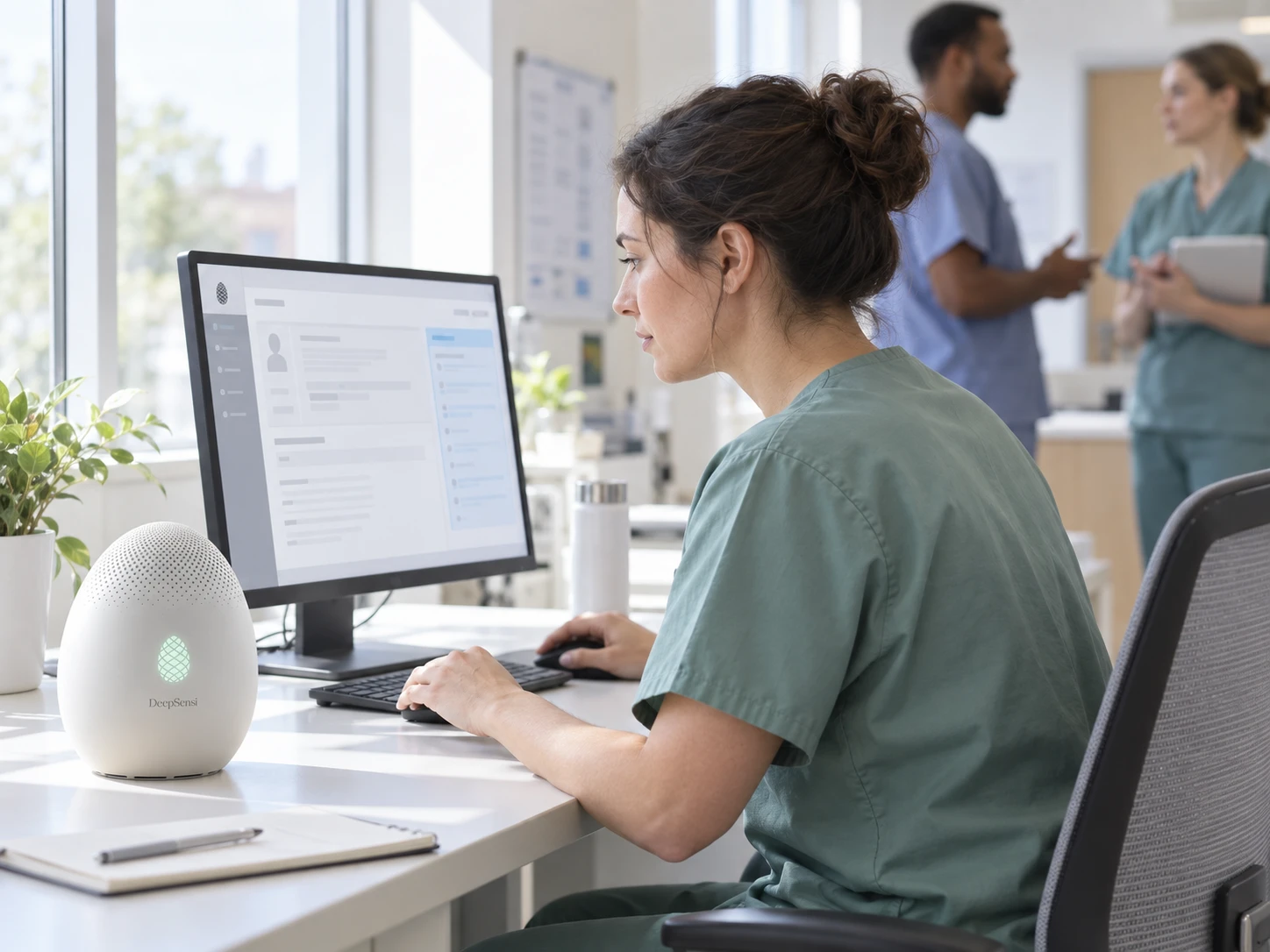 The staff room of a teaching-hospital ward: a clinician at a bright workstation whose monitor shows an abstract patient-record layout with a highlighted side panel; two colleagues in…