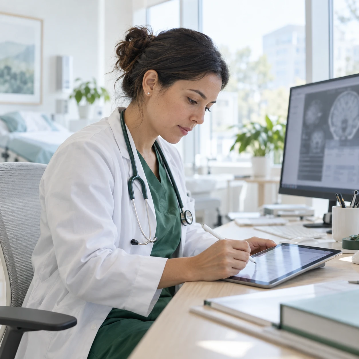 Square portrait-at-work of a specialist physician at a bright workstation in the clinic, signing a clinical document on a tablet with a stylus; a second monitor with an abstract case view…