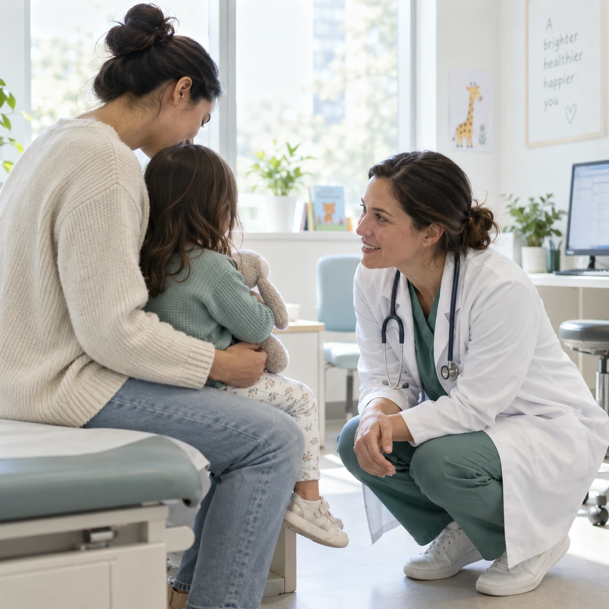 Square image: a parent and a young child in a bright consulting room with a physician who crouches to the child's eye level. The child is seen from behind, leaning on the parent. Warm, soft…