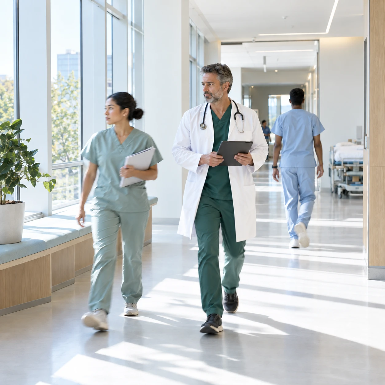 Square image: the bright corridor of a modern teaching hospital in the morning. Two or three staff members walk through the frame with slight motion blur, daylight pouring in from a window…