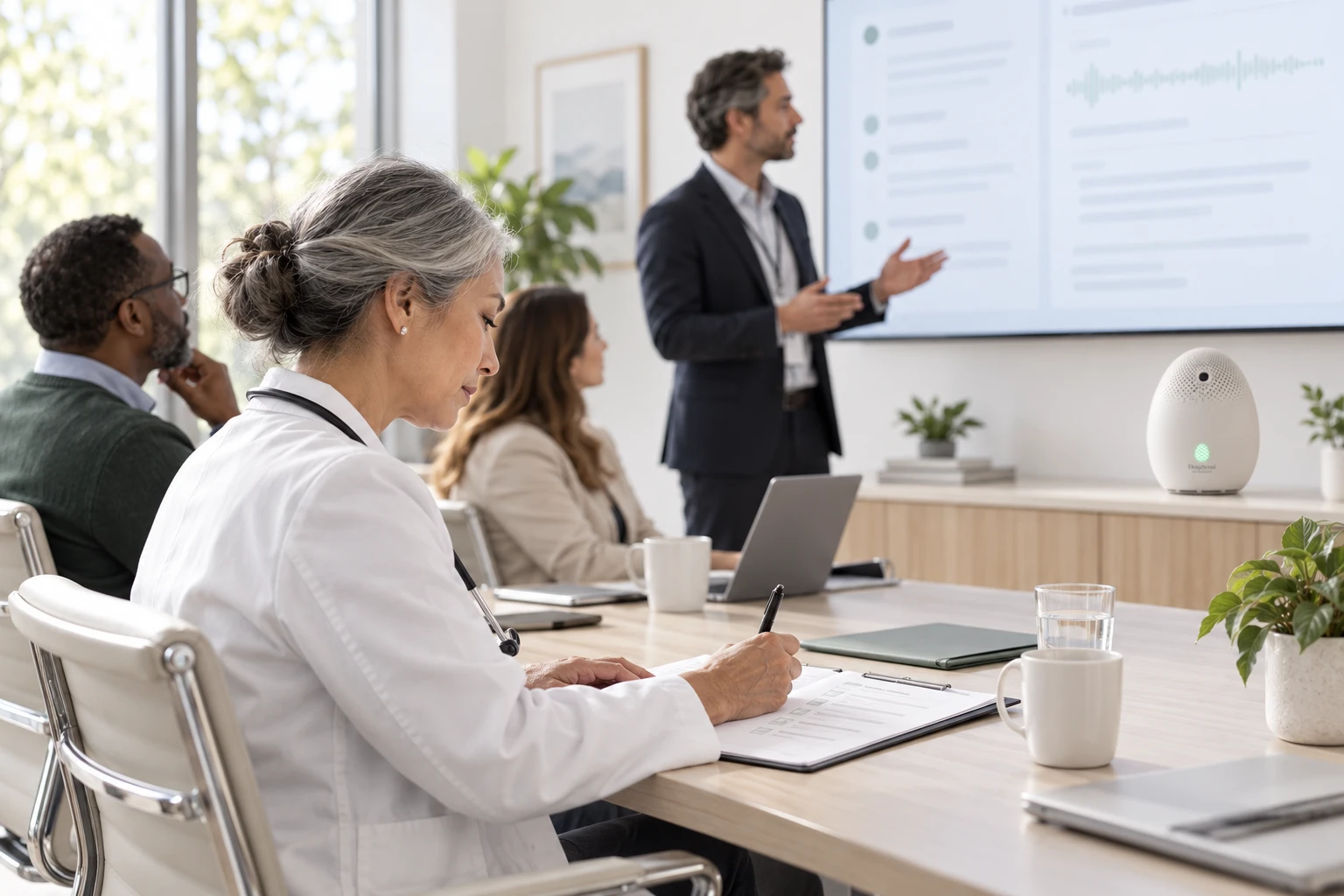 Square image: an epidemiologist seen over the shoulder at a wide monitor showing a pale regional map with a handful of pine-green signal points. Bright open-plan public-health office,…