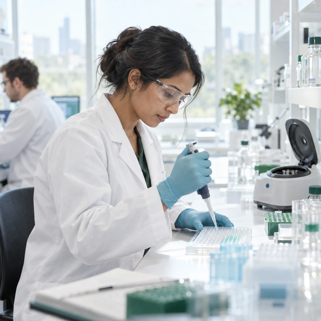 Square image: a researcher at a bench in a bright biopharma research laboratory, pipetting into a plate. White coat, safety glasses, glassware and a small centrifuge in soft focus behind.