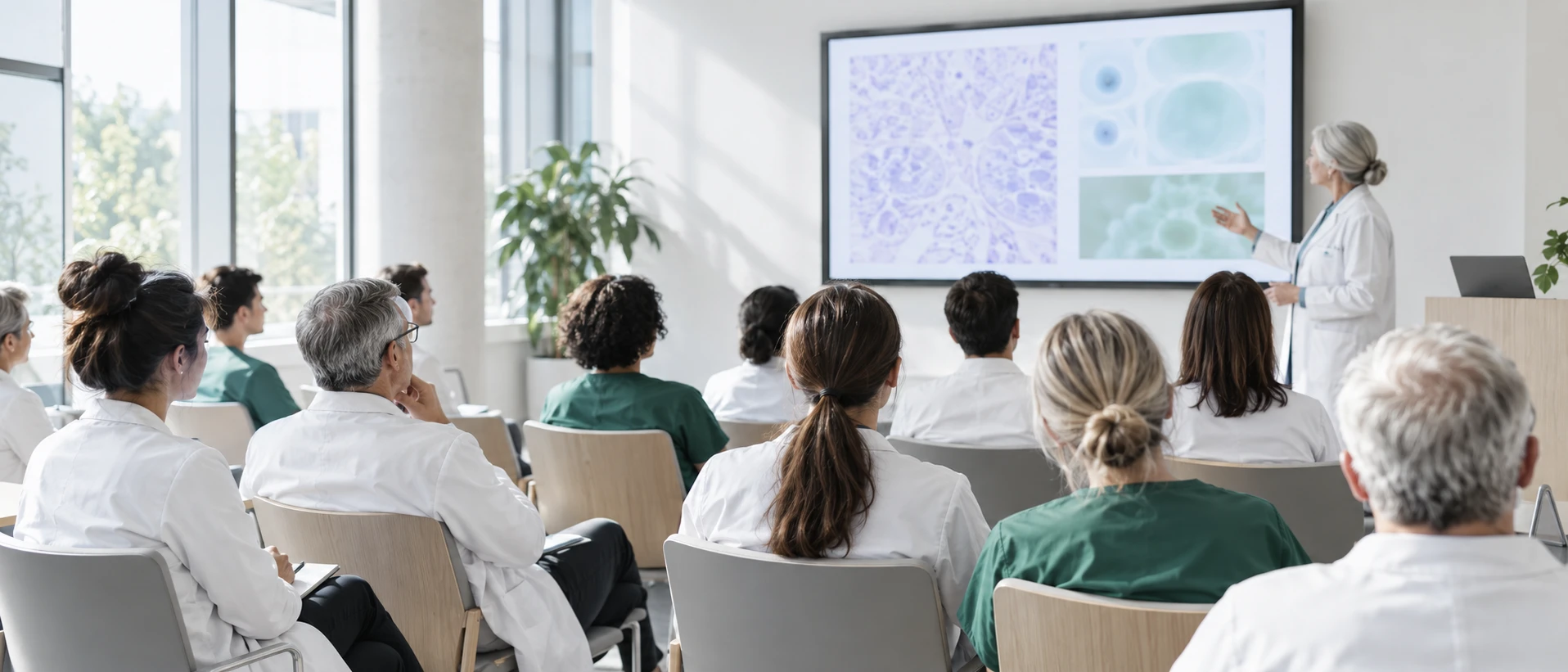 A clinicopathological conference in a bright seminar room: clinicians seated in rows, a presenter beside a large screen showing an abstract case slide. Documentary angle from the back of…