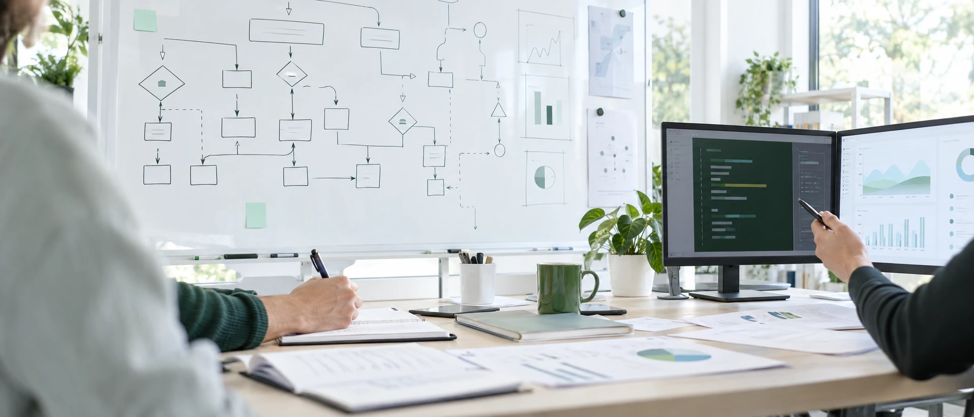 Two people work at a desk in front of a whiteboard with a hand-drawn fault-tree diagram, beside two monitors with code and charts.