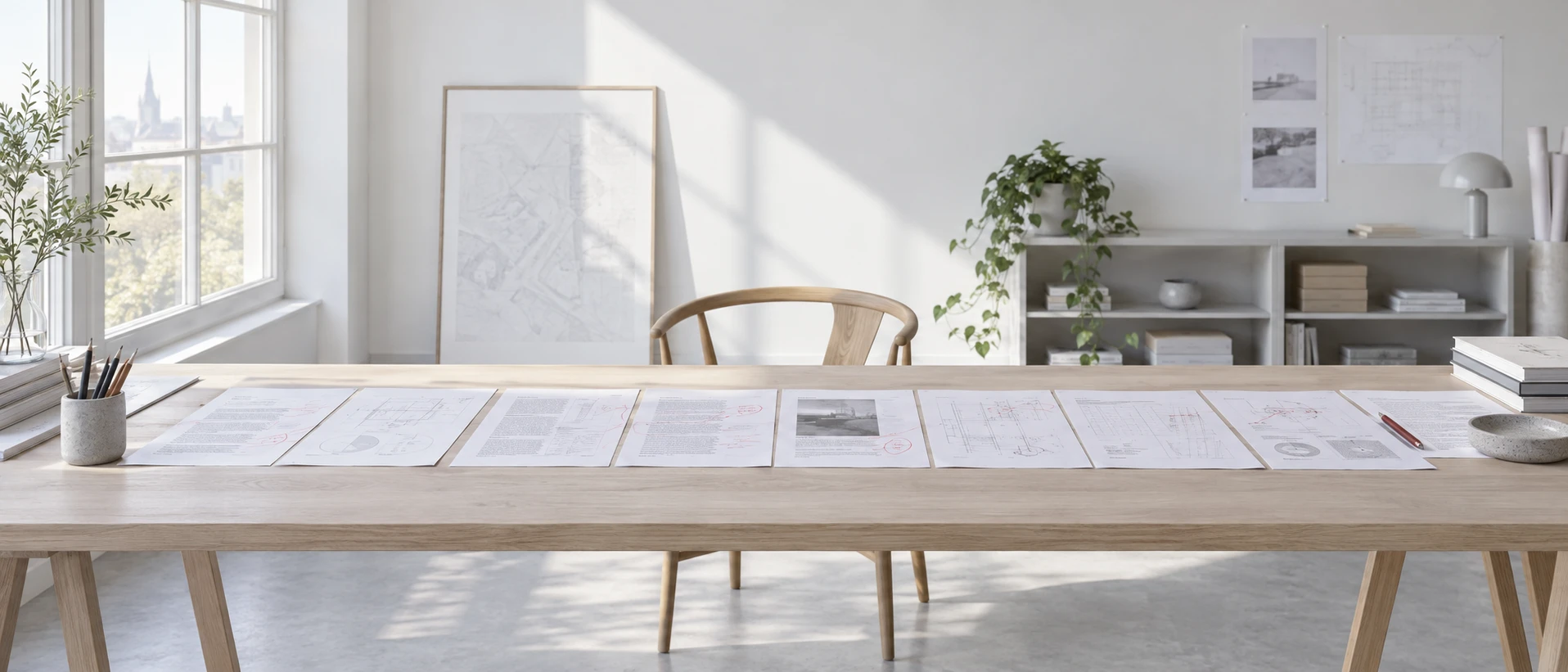 An empty studio at first light: one very long pale desk running across the whole frame, printed pages of a technical standard with handwritten corrections laid out in a row, an empty chair…