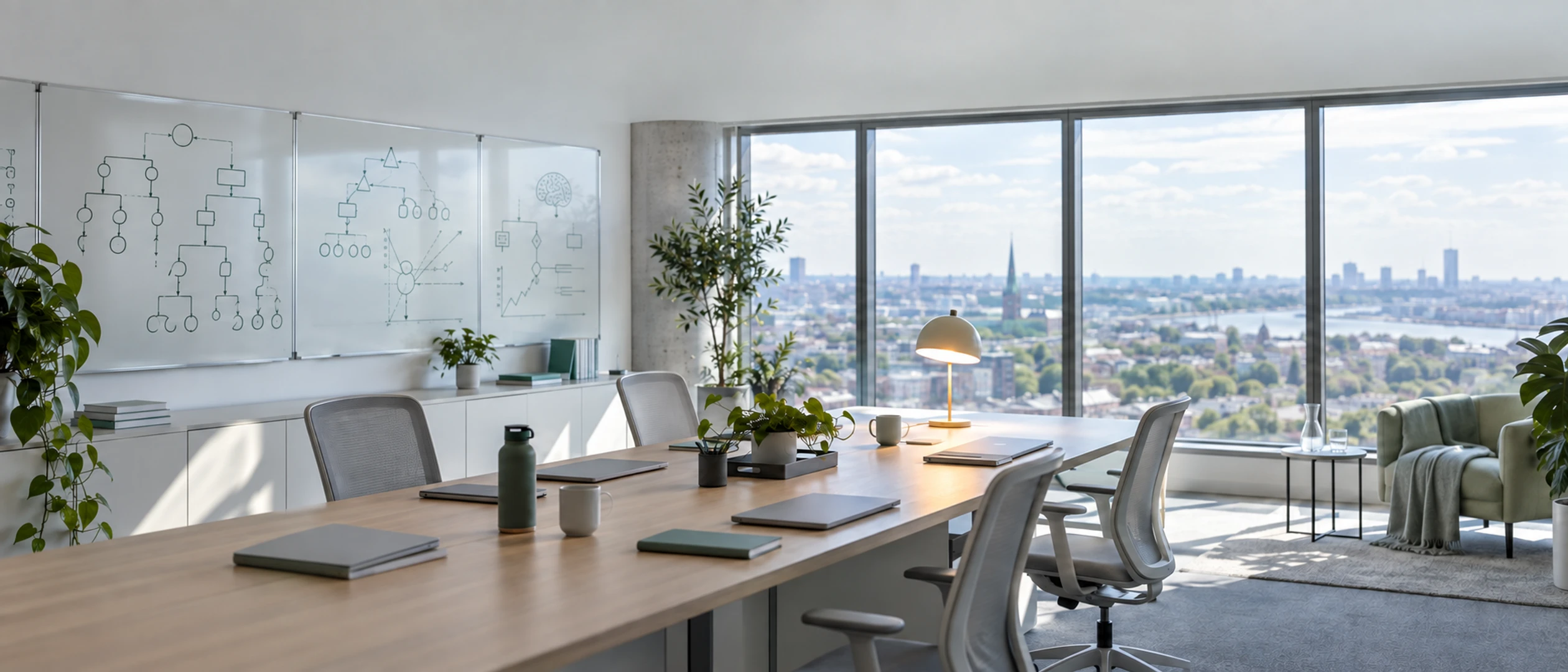 An open studio in daylight: whiteboards with fault trees, a long table and a window over the city.