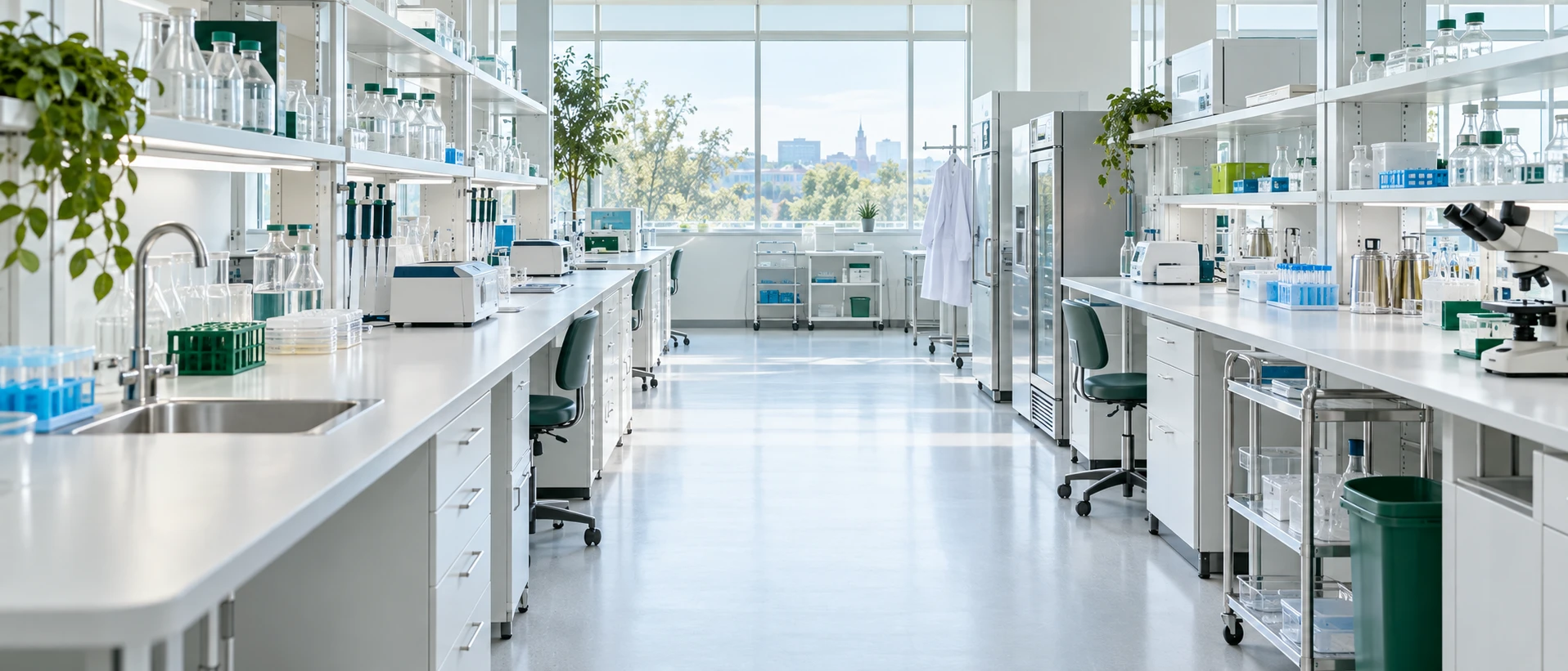 A bright research laboratory early in the morning, before anyone arrives: a long row of benches, glassware and stainless steel catching the daylight, stools tucked in. Seen along the axis…