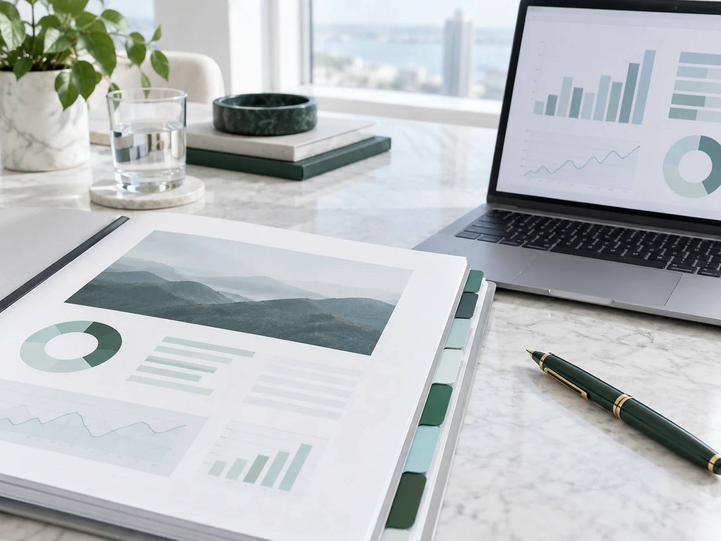A data-room table: a printed investment memorandum with tabbed sections, a laptop showing an abstract financial model of pale bars and lines, a fountain pen. Cool, matter-of-fact daylight,…