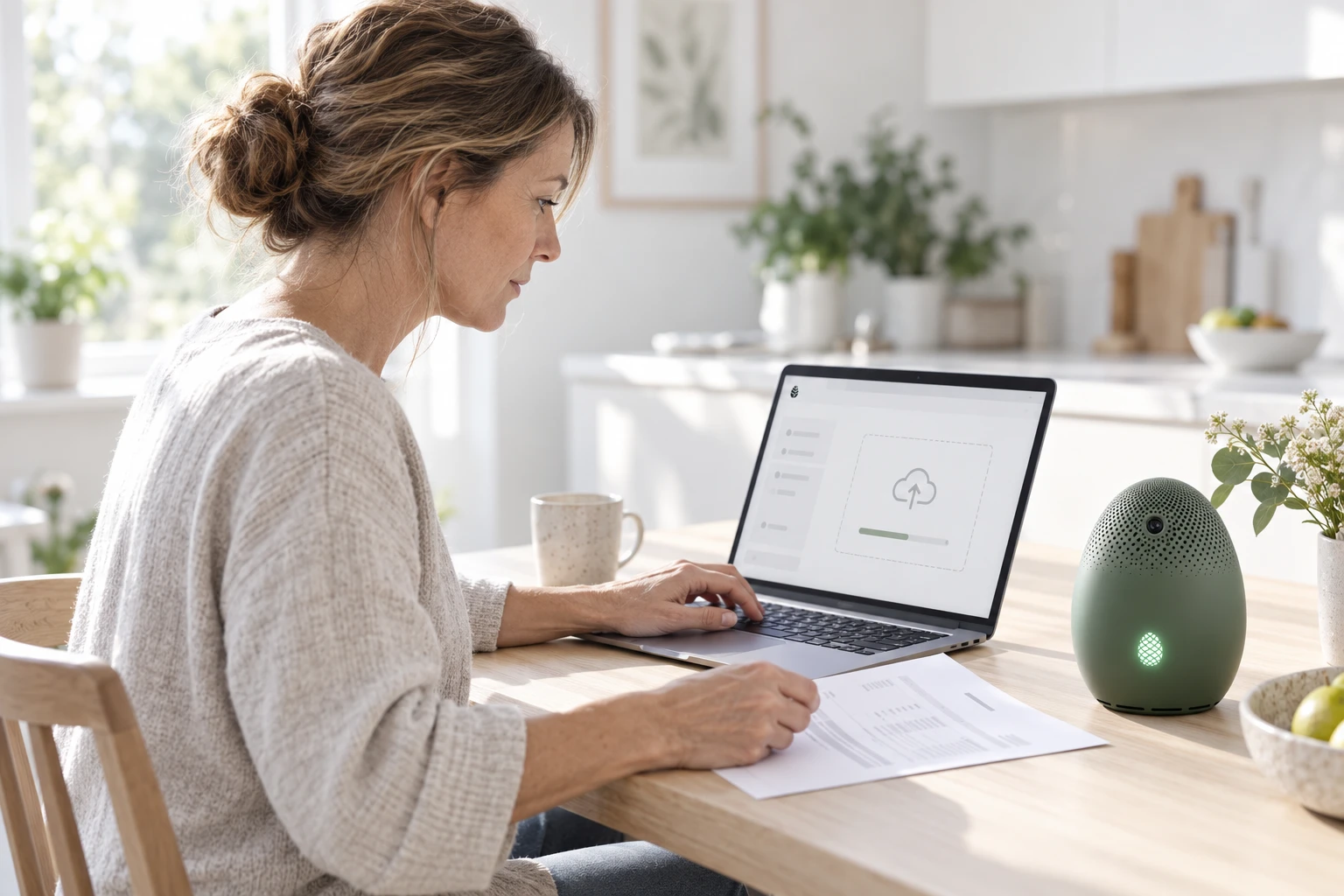A participant of an outpatient registry at her kitchen table in daylight, uploading her own laboratory report on a laptop: a printed lab report from a local laboratory lies beside the…