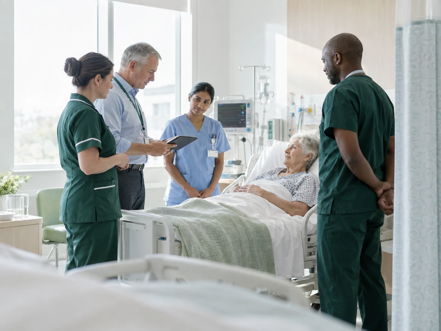 A bright, modern hospital admissions unit: a small clinical team stands at a patient's bedside in calm concentration, one of them holding a tablet. Curtains, monitors and equipment are…