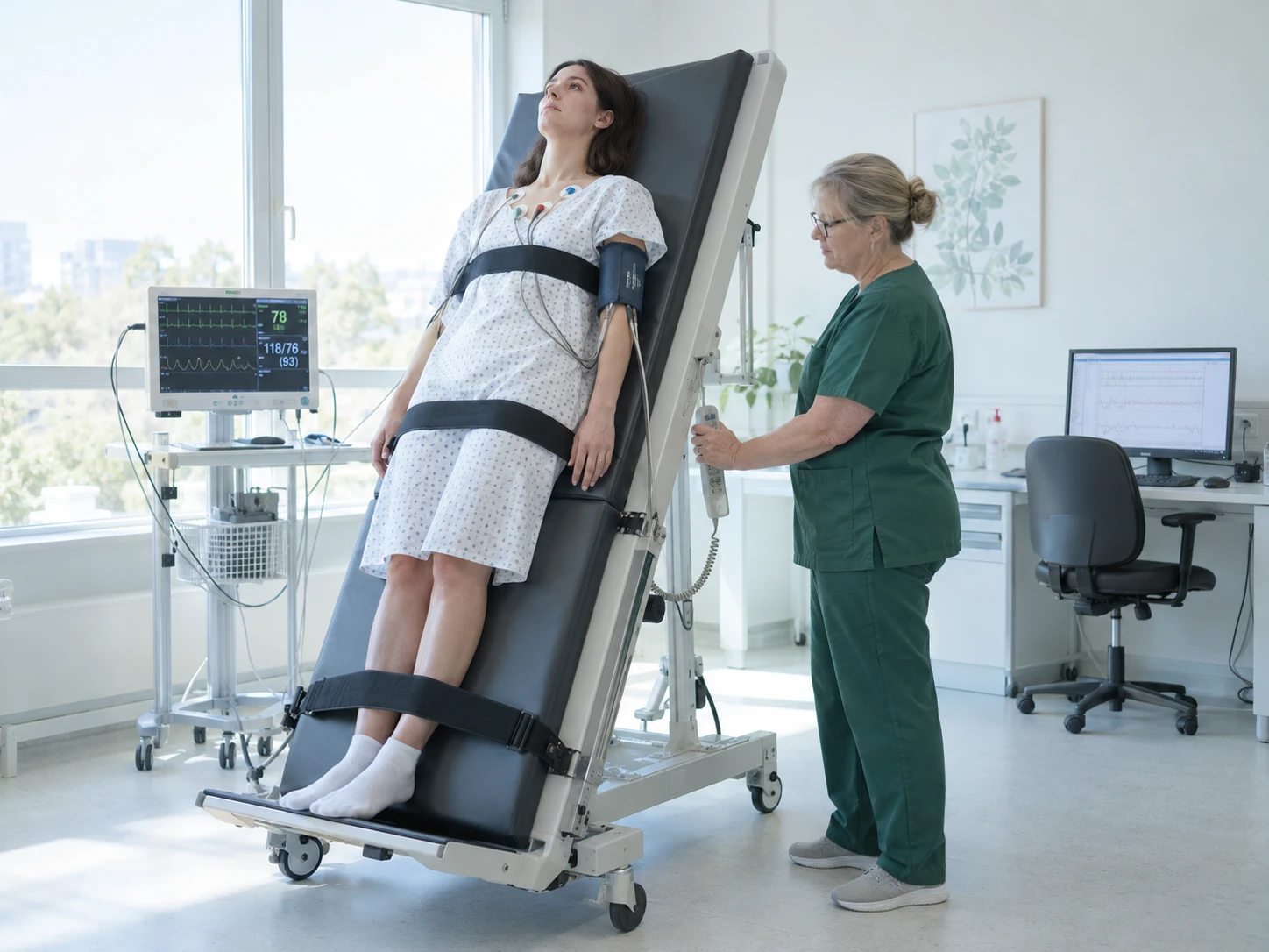 A tilt-table test in a bright autonomic function laboratory: a patient secured on the tilted table with blood-pressure cuff and ECG leads, a technician adjusting the angle. Clean white…
