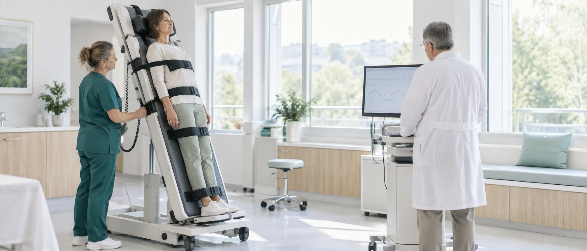Wide view of a tilt-test laboratory: the patient on the tilt table on the left with a technician at her side; on the right a cardiologist stands at a monitor following heart-rate and…
