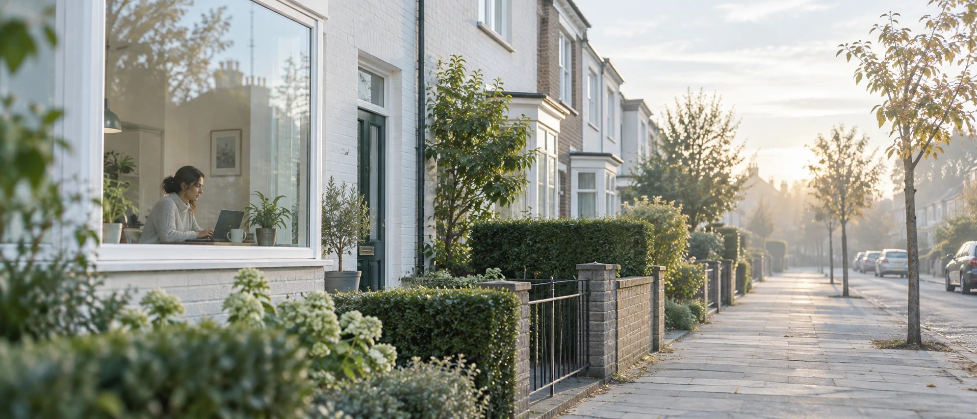 A quiet suburban street at dawn: a row of houses in soft light; in one ground-floor window a person sits at a laptop. No courier, no vehicle. The trial happens in participants' homes.
