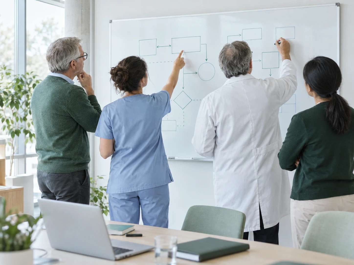 Engineers and clinicians at a large whiteboard, seen from behind: one person points at a diagram, another writes. No faces towards the camera. Bright studio, daylight from the side.