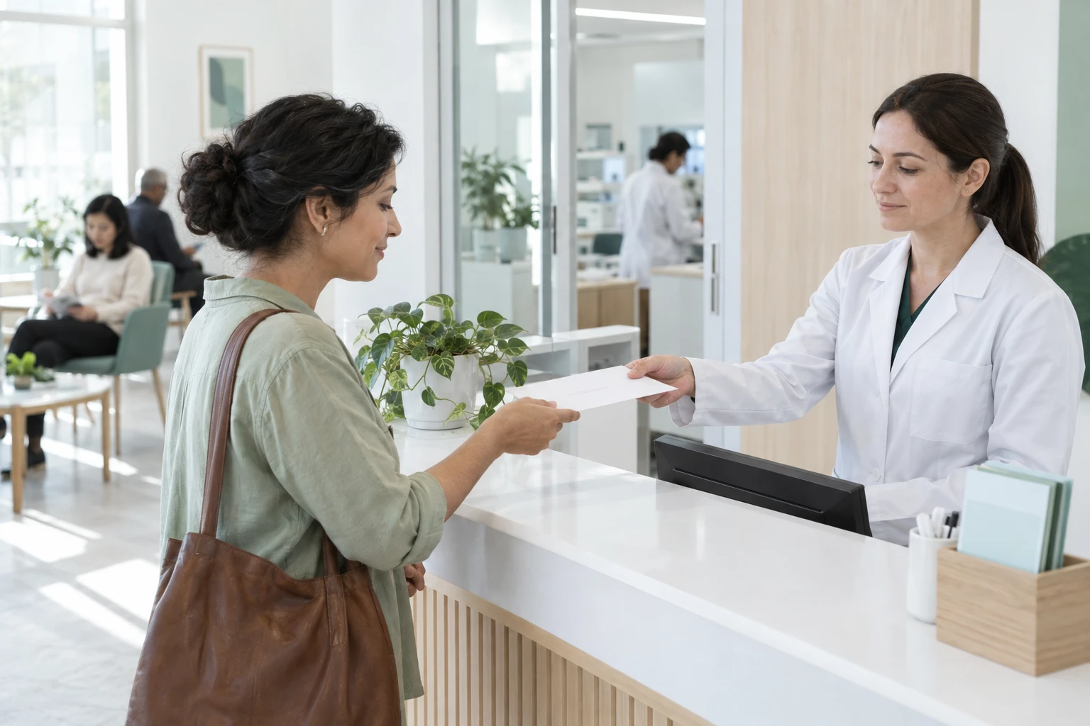 The bright reception counter of an ordinary local diagnostic laboratory: a patient receives a sealed envelope with her results from a staff member in a plain white coat. Generic signage…