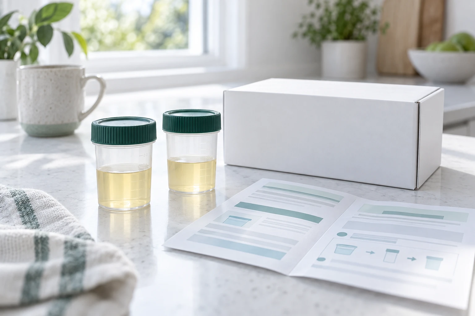 A plain, unbranded urine organic-acids test kit from a local laboratory on a bright kitchen counter: two sealed sample containers, an instruction leaflet, a plain white box with no logo.…