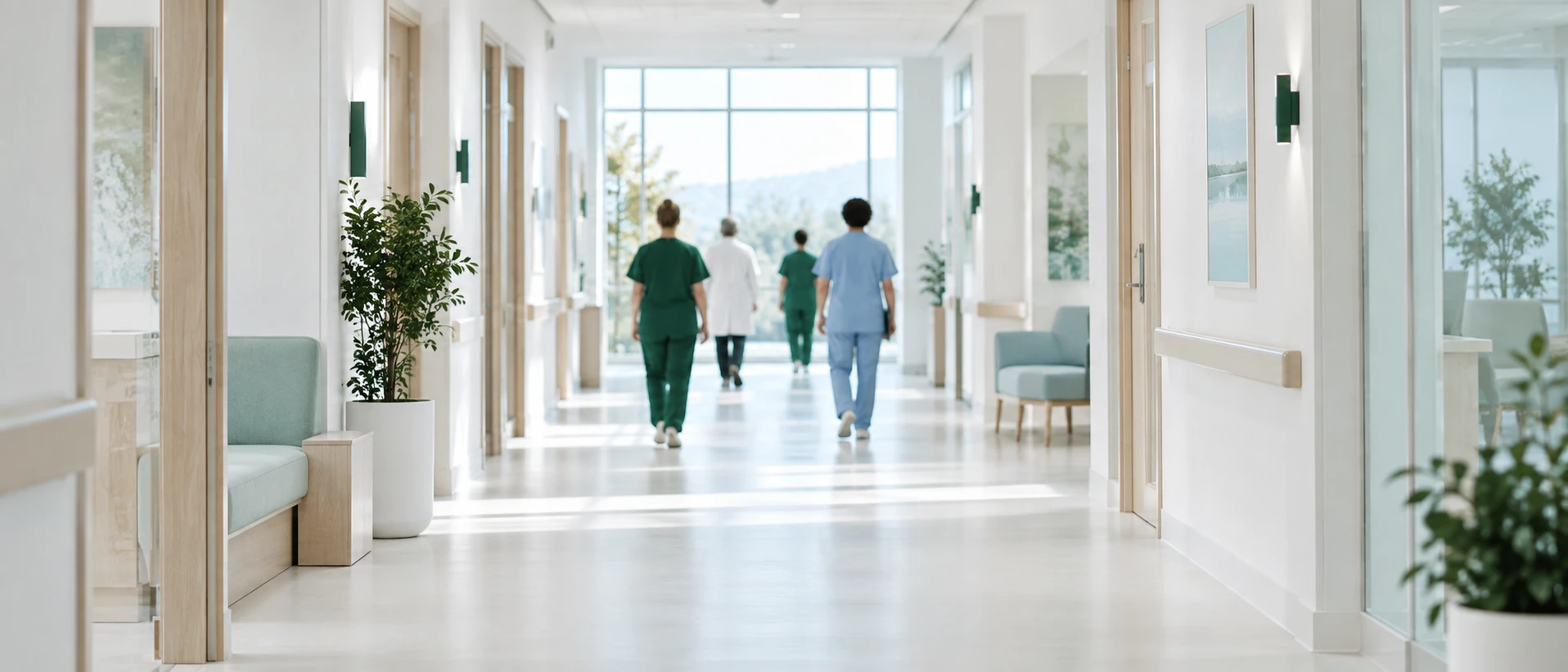 A long, bright clinic corridor in morning light seen straight down its axis: staff walk away from the camera as soft, slightly blurred silhouettes, and at the far end a large luminous…