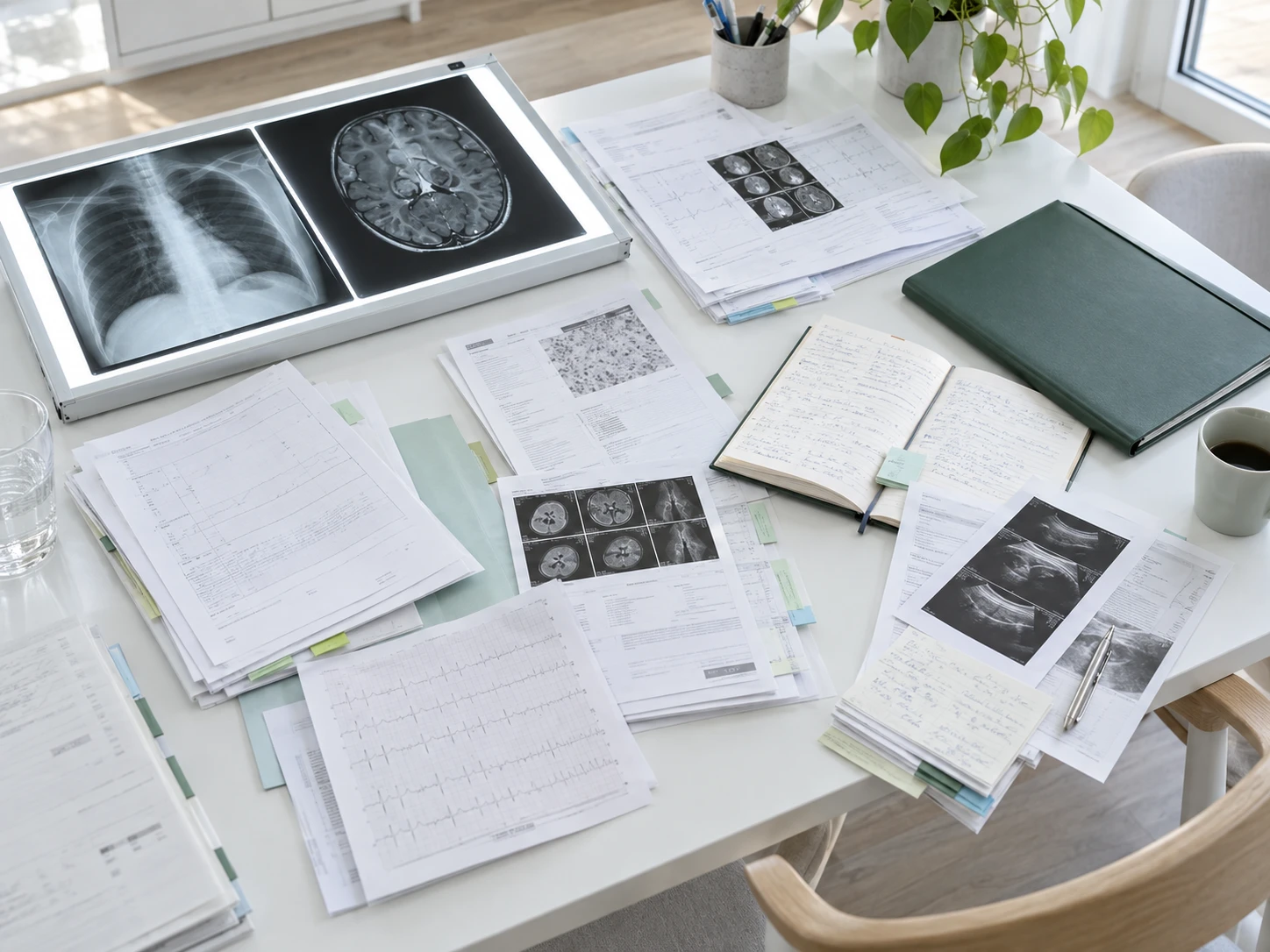 A difficult case laid out on one large white table, seen from above at an angle: laboratory printouts, two imaging films on a slim lightbox, handwritten notes from different clinics,…