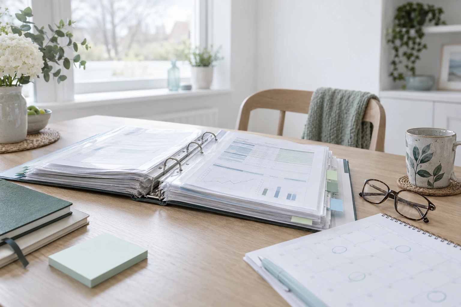 A patient's thick ring binder open on a home dining table: years of results in plastic sleeves, sticky notes along the edge, a paper calendar with many appointments circled. A cup and…