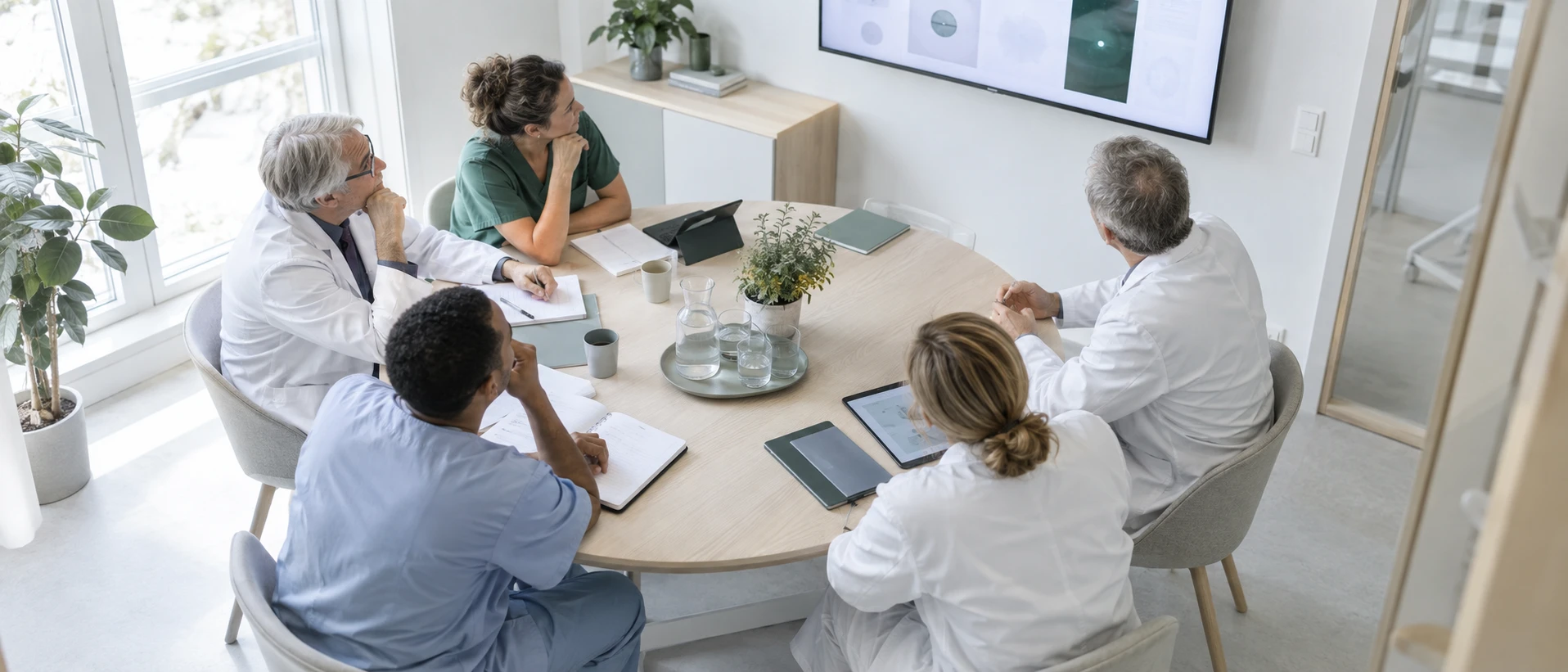 A consilium seen from high above: five specialists seated around a pale round table with papers and tablets, all looking at one case shown as an abstract layout on a wall display. Bright…
