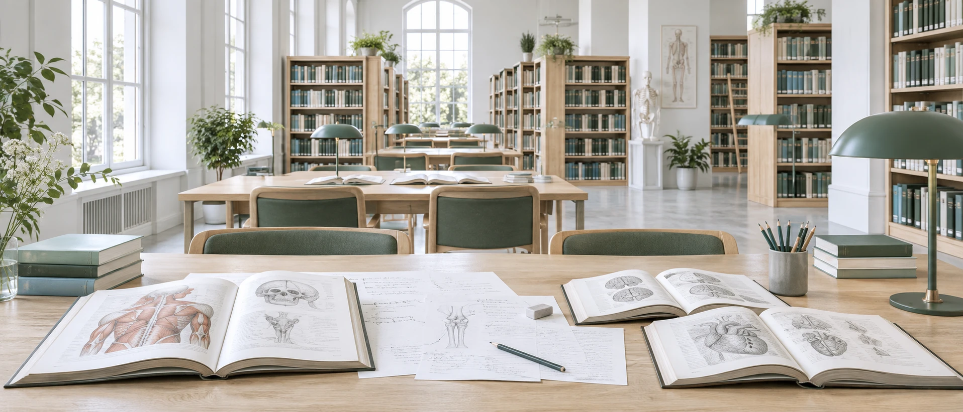 The reading room of a medical library: bookshelves receding towards the horizon, and in the foreground a long table with open volumes and printed papers full of pencil annotations. Tall…