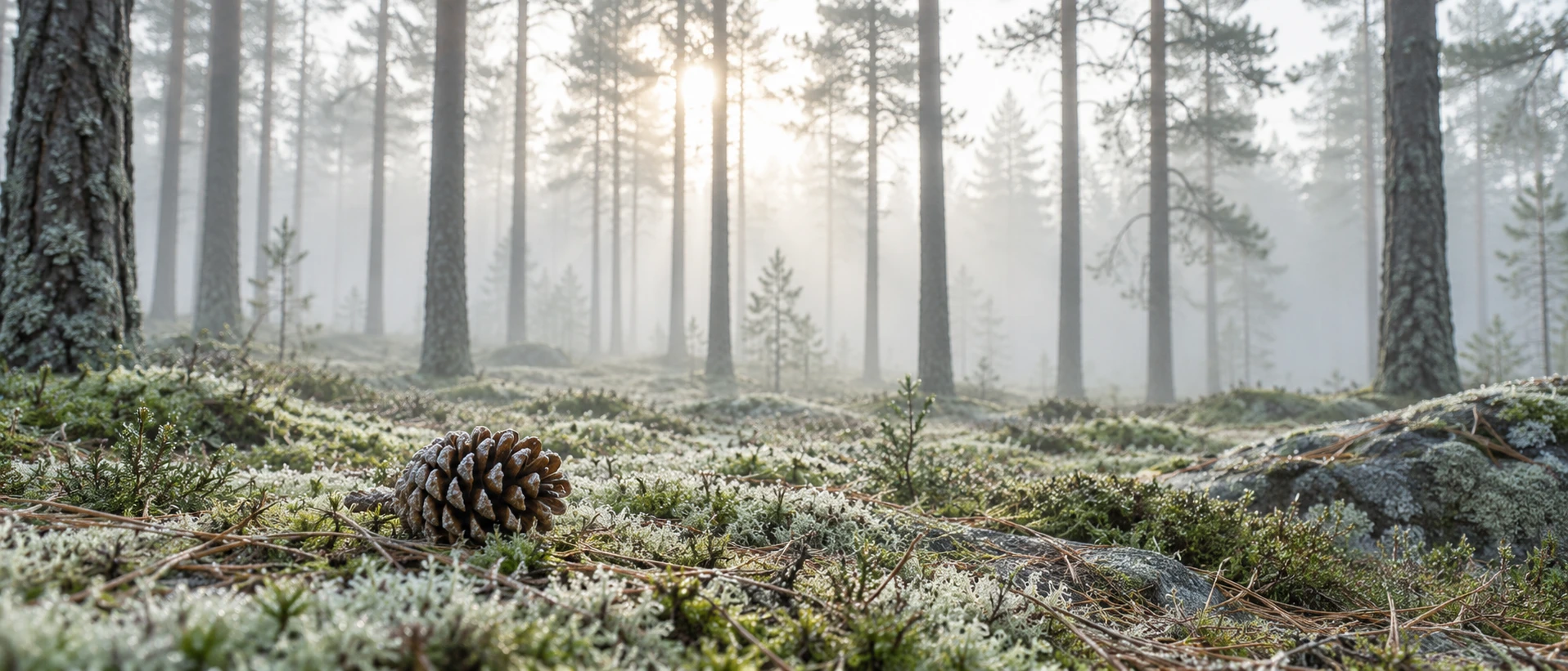 A pine forest at dawn in high key: pale mist between tall straight trunks, soft white light from behind. In the near foreground, sharp, one pine cone on the forest floor. Calm, cool, almost…