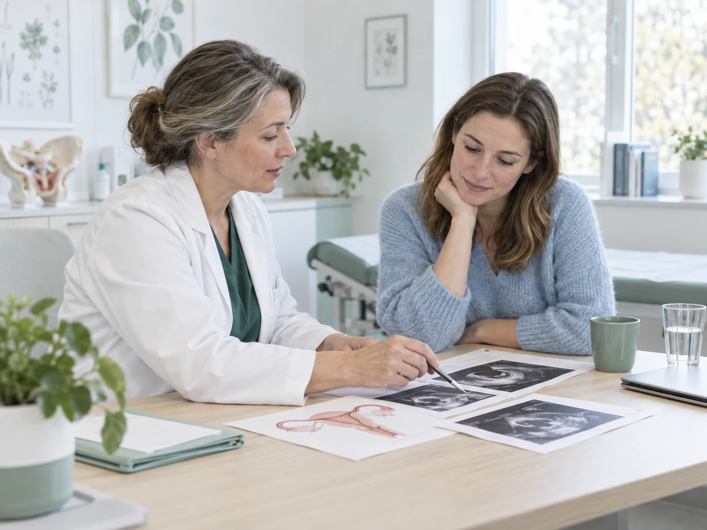 A gynaecology consultation in a bright consulting room: the physician and the patient sit side by side at a table with the results spread out between them. Atmosphere of trust, seen from…