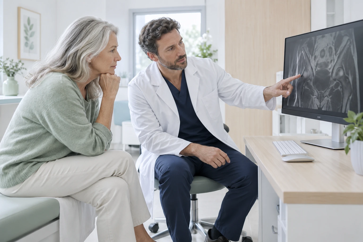 A bright consultation room: a physician and a patient sit side by side, not across a desk, looking together at a pelvic MRI image shown as abstract grey shapes on a monitor. A conversation,…