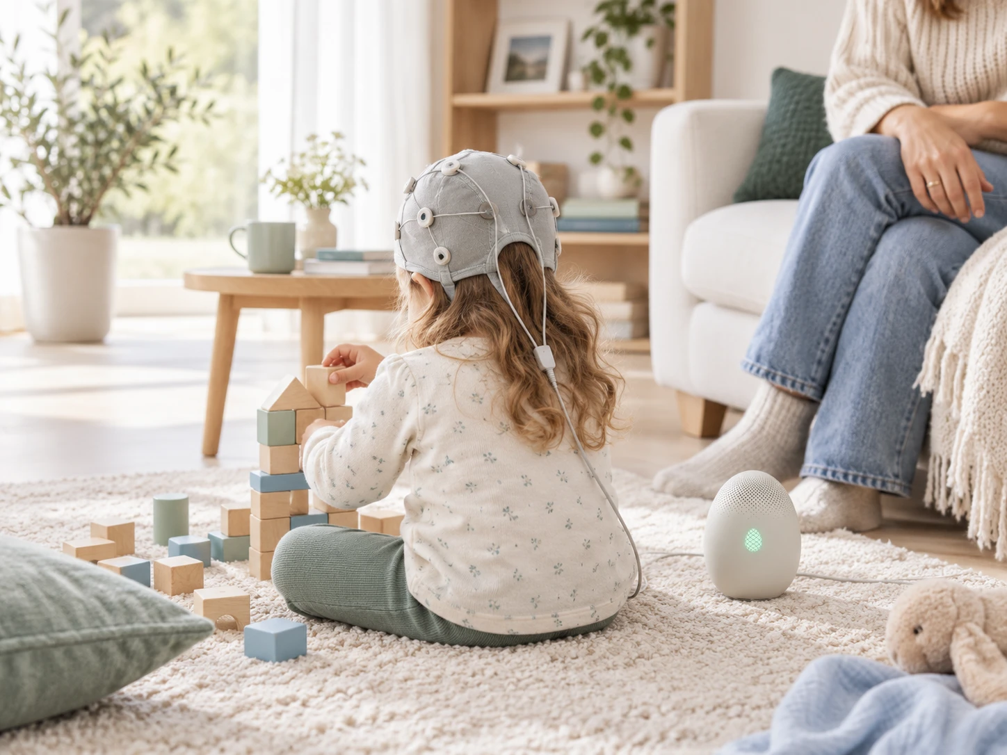 A child wearing a soft ambulatory EEG cap sits on the living-room floor building with wooden blocks, seen from behind. A parent sits close by on the sofa; a small recording unit lies on the…