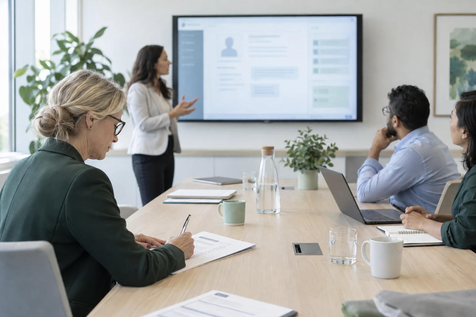 A medical director sits at a meeting table with a printed checklist and a pen, ticking items while a vendor presents; on the wall screen behind, an abstract transcript layout of a clinical…