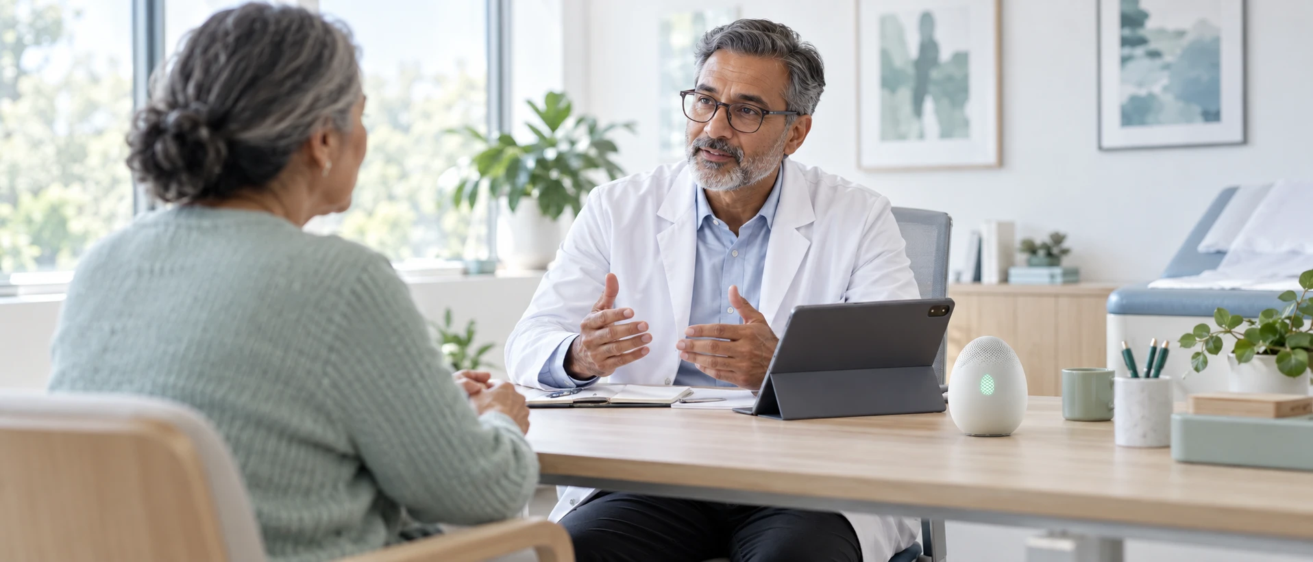 A physician in conversation with a patient in a bright consultation room; on the desk between them a tablet on a small stand quietly records the visit, showing only a soft waveform. The…