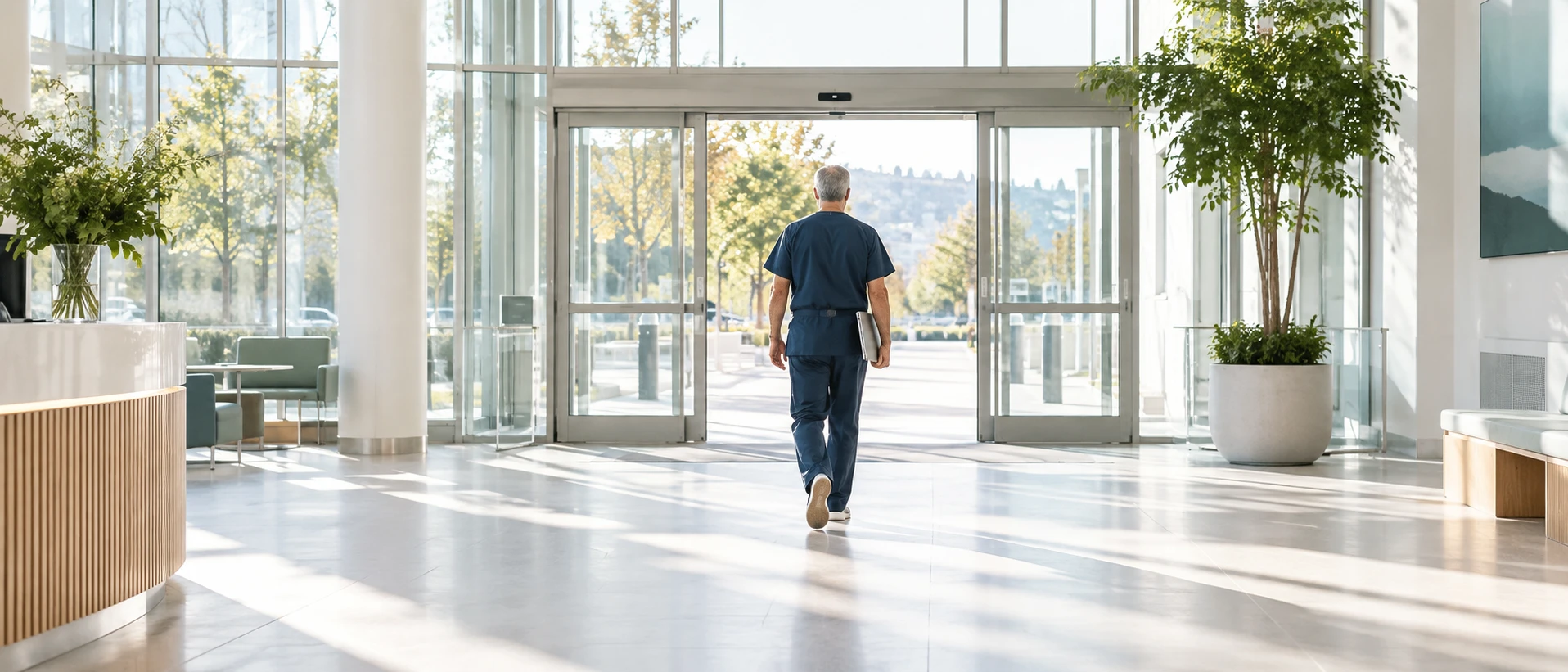 A physician leaves the hospital on time: walking out through glass doors into bright late-afternoon light, backpack on one shoulder, seen from behind. Ultra-wide frame, the entrance hall…