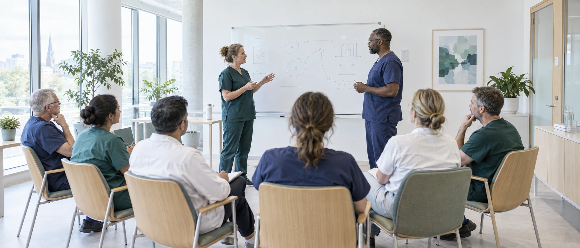 A workshop for heads of department in a bright hospital seminar room: two members of a clinical team stand at a whiteboard answering questions, a small audience seated in a loose semicircle.
