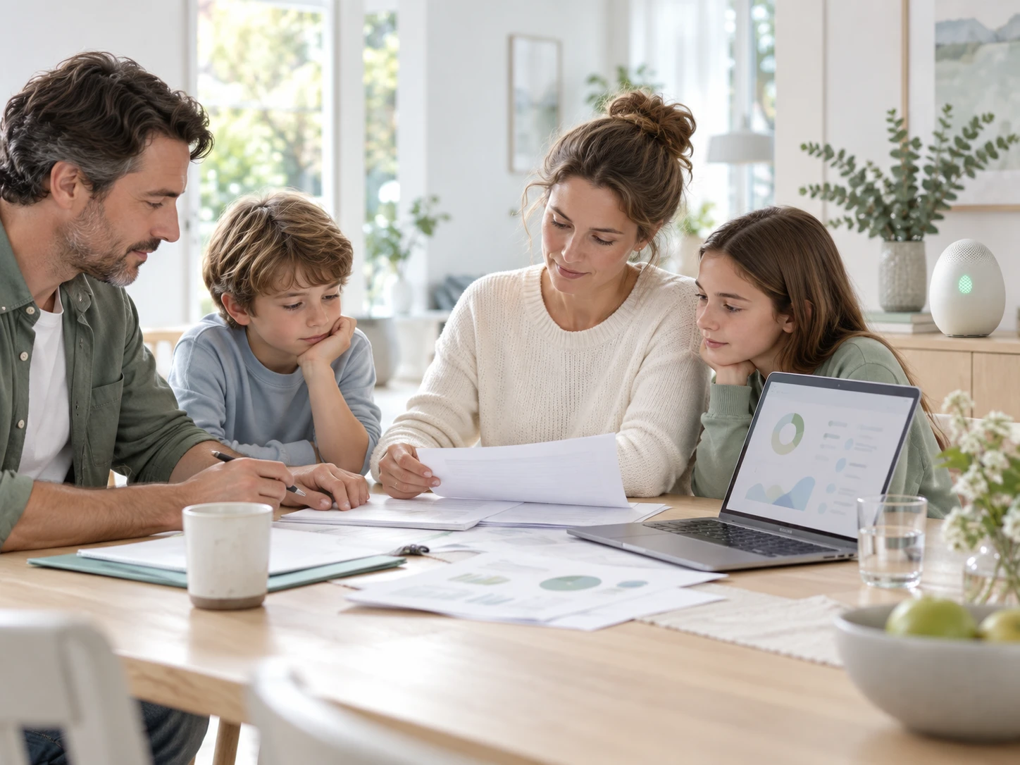 A family at a bright dining table at home with medical documents spread out and an open laptop showing an abstract, friendly summary layout. Calm, attentive, nobody looks at the camera.