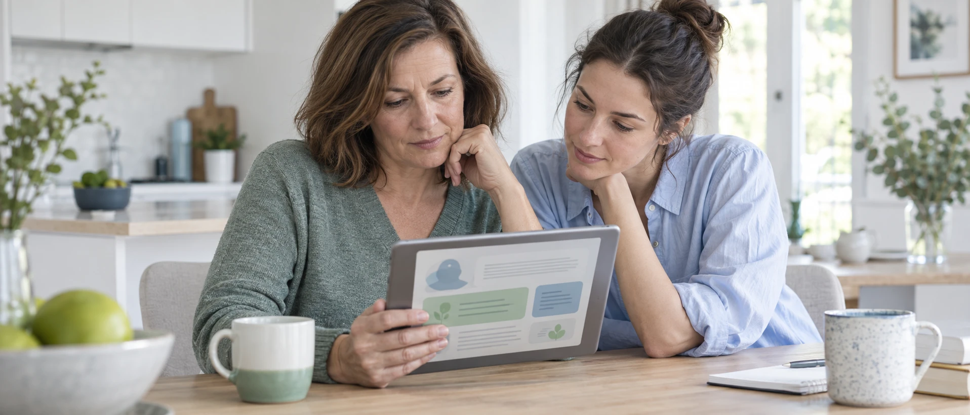 A woman reads a clear second-opinion summary on a tablet at a bright kitchen table, a close relative beside her leaning in. The tablet shows an abstract, friendly layout with a few…
