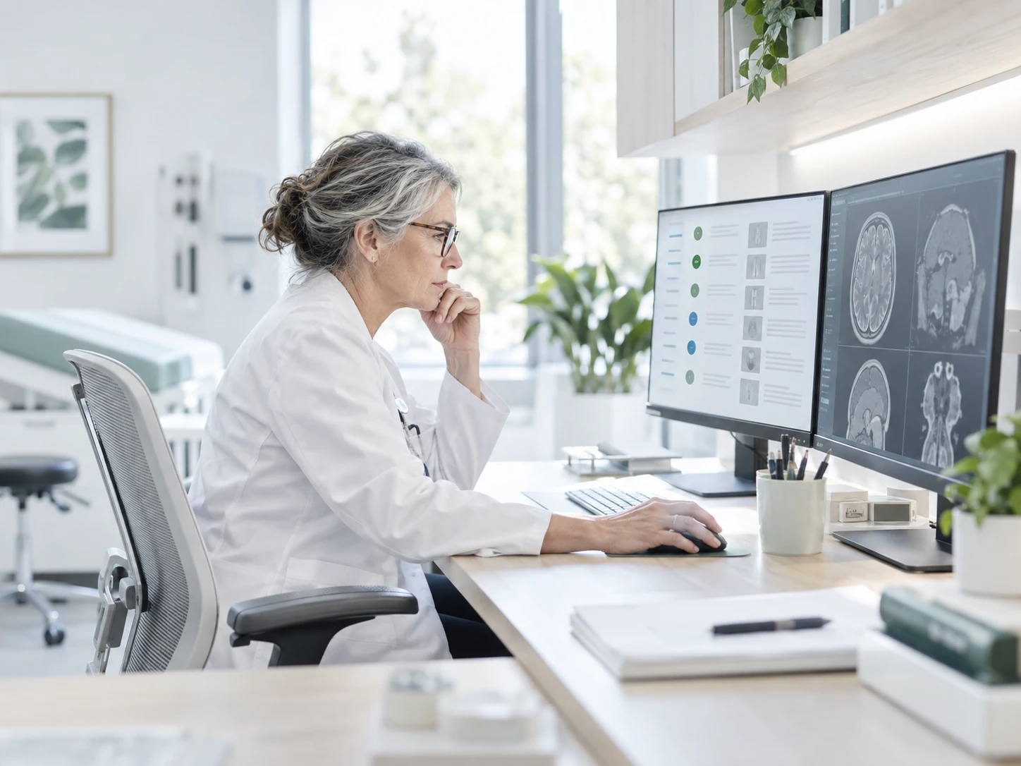 A specialist physician works on a difficult case at a bright workstation in the clinic: one monitor shows an abstract ranked list with reasoning blocks beside each row, a second shows…