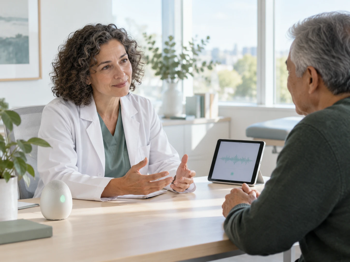A physician dictates a note during a consultation in a bright consulting room; the patient sits in soft focus in the foreground, the physician in focus beyond, a small recording tablet on…