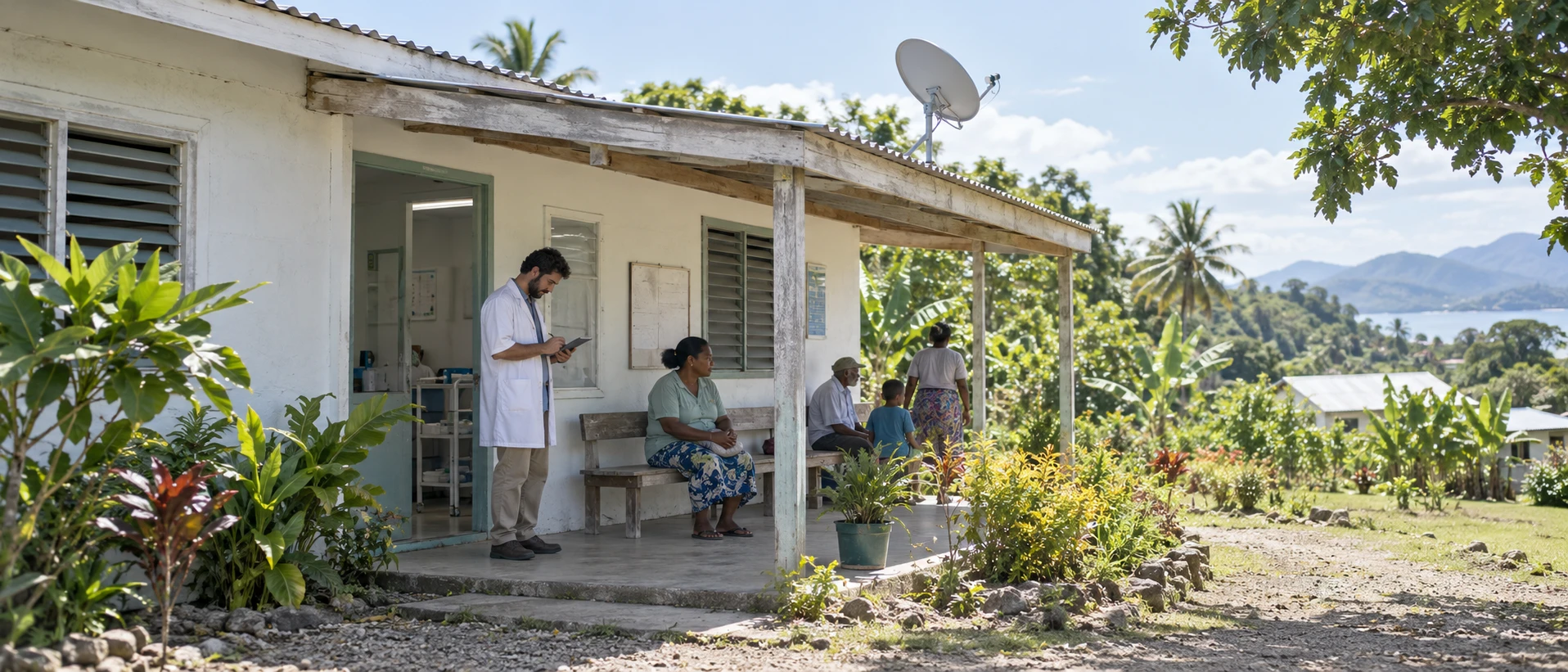 A small rural clinic in the tropics in bright daylight: a physician on the shaded veranda notes something on a tablet, a patient waits on a bench; on the roof a compact satellite dish.…